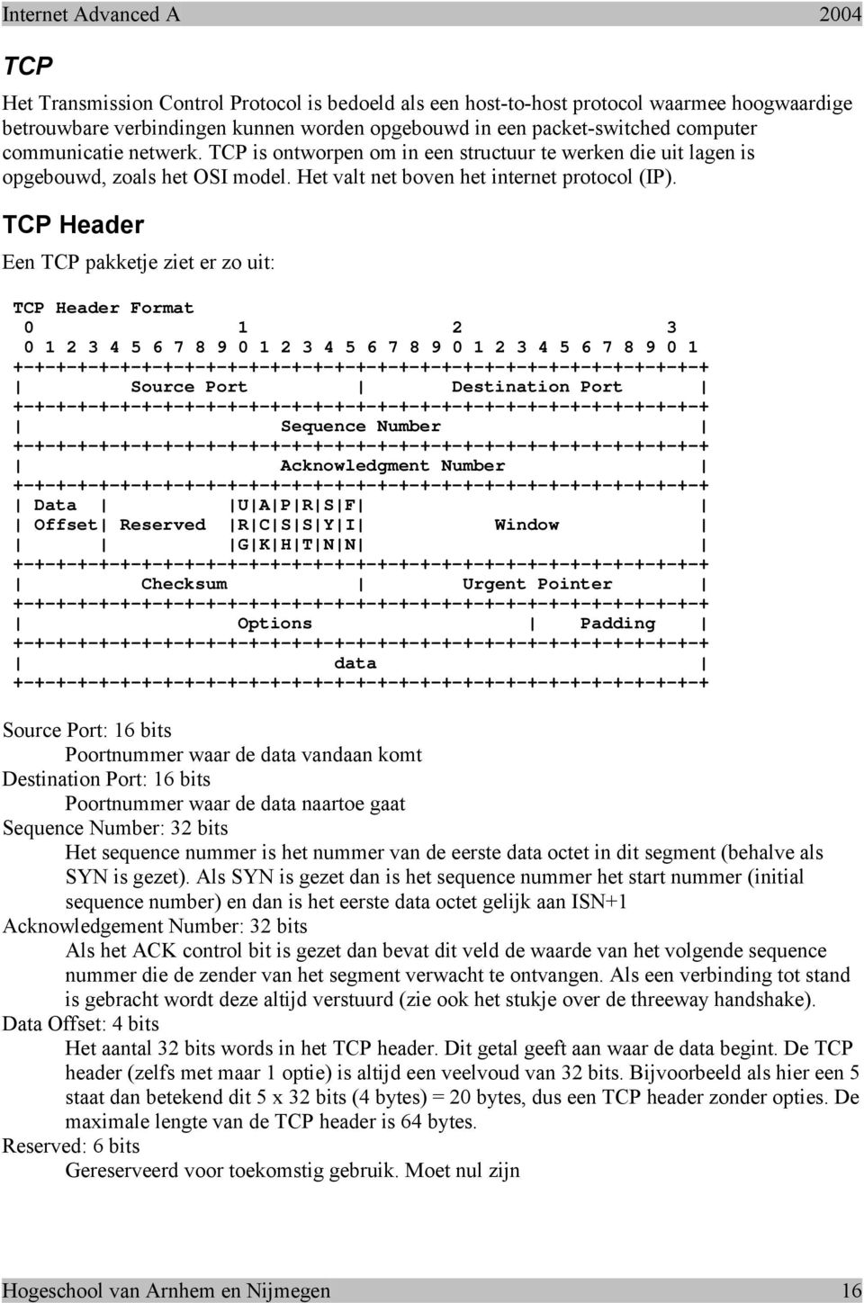 TCP Header Een TCP pakketje ziet er zo uit: TCP Header Format 0 1 2 3 0 1 2 3 4 5 6 7 8 9 0 1 2 3 4 5 6 7 8 9 0 1 2 3 4 5 6 7 8 9 0 1 +-+-+-+-+-+-+-+-+-+-+-+-+-+-+-+-+-+-+-+-+-+-+-+-+-+-+-+-+-+-+-+-+