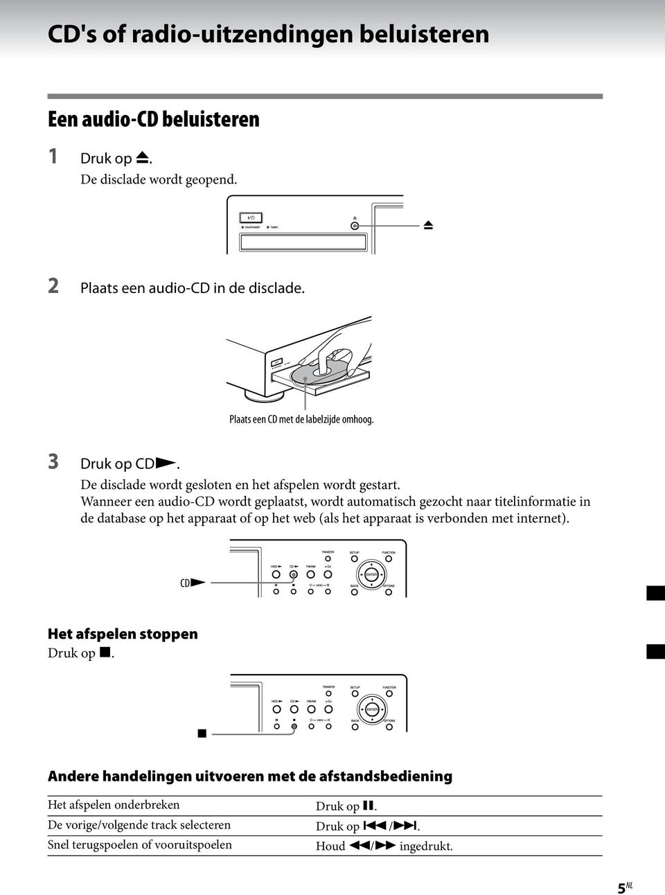 Wanneer een audio-cd wordt geplaatst, wordt automatisch gezocht naar titelinformatie in de database op het apparaat of op het web (als het apparaat is verbonden