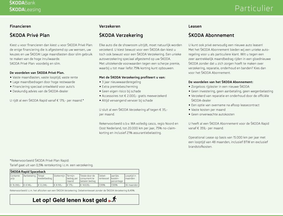 Vaste maandlasten, vaste looptijd, vaste rente Lage maandbedragen door hoge restwaarde Financiering speciaal ontwikkeld voor auto s Deskundig advies van de ŠKODA-dealer U rijdt al een ŠKODA Rapid