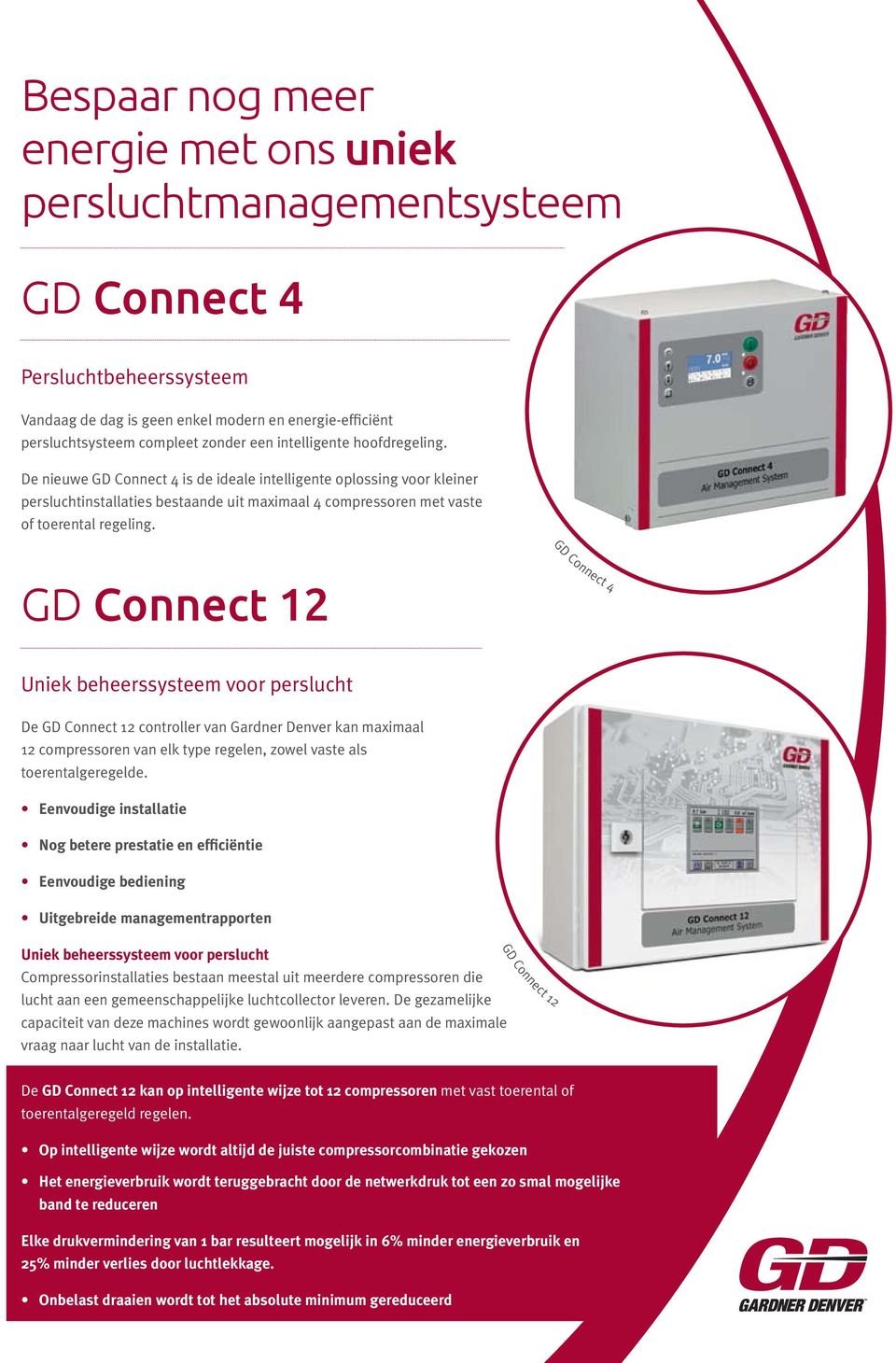 GD Connect 12 GD Connect 4 Uniek beheerssysteem voor perslucht De GD Connect 12 controller van Gardner Denver kan maximaal 12 compressoren van elk type regelen, zowel vaste als toerentalgeregelde.