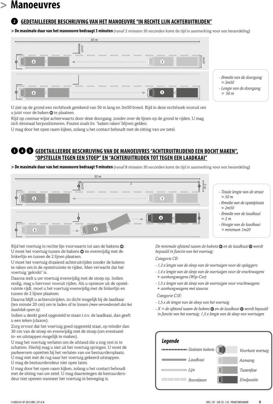 Rijd in deze rechthoek vooruit om u juist voor de baken te plaatsen. Rijd op continue wijze achterwaarts door deze doorgang, zonder over de lijnen op de grond te rijden.