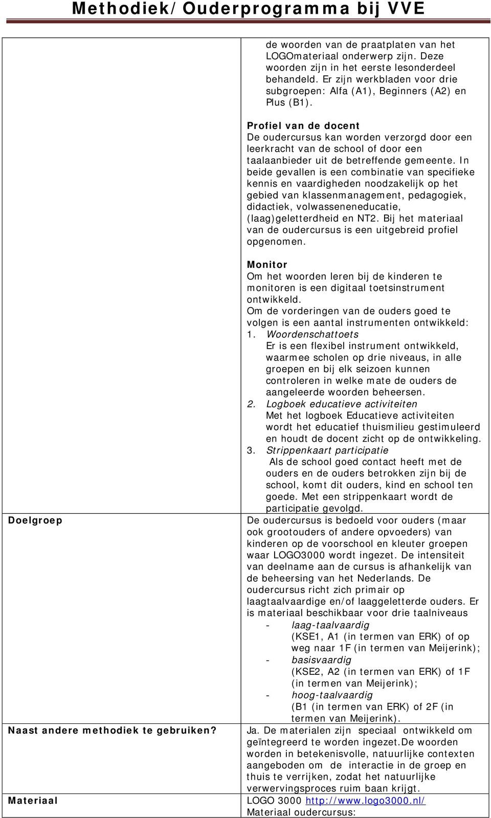 Profiel van de docent De oudercursus kan worden verzorgd door een leerkracht van de school of door een taalaanbieder uit de betreffende gemeente.