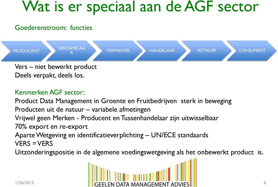Kenmerken AGF sector: Product Data Management in Groente en Fruitbedrijven sterk in beweging Producten uit de natuur variabele afmetingen