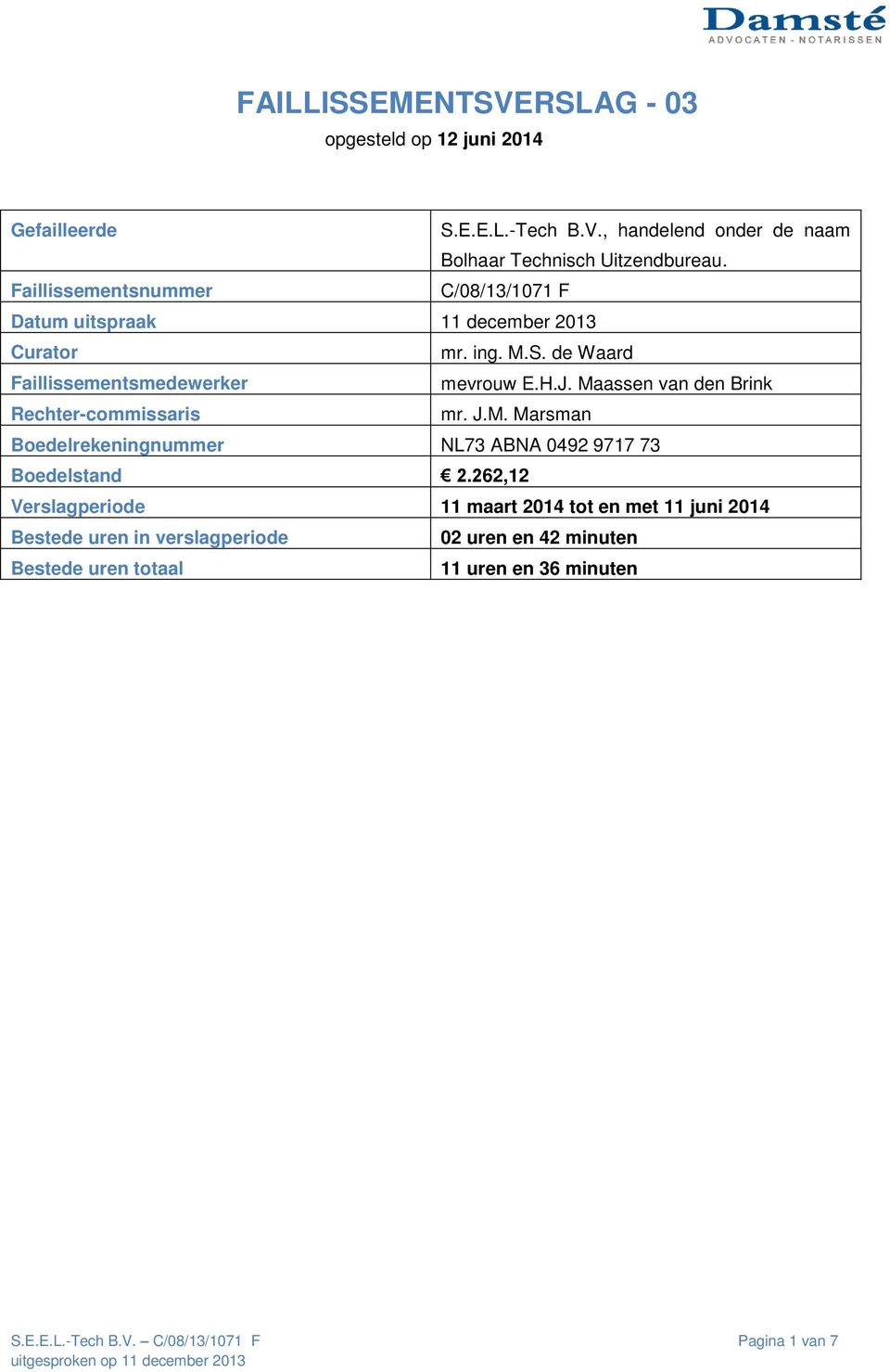 Maassen van den Brink Rechter-commissaris mr. J.M. Marsman Boedelrekeningnummer NL73 ABNA 0492 9717 73 Boedelstand 2.