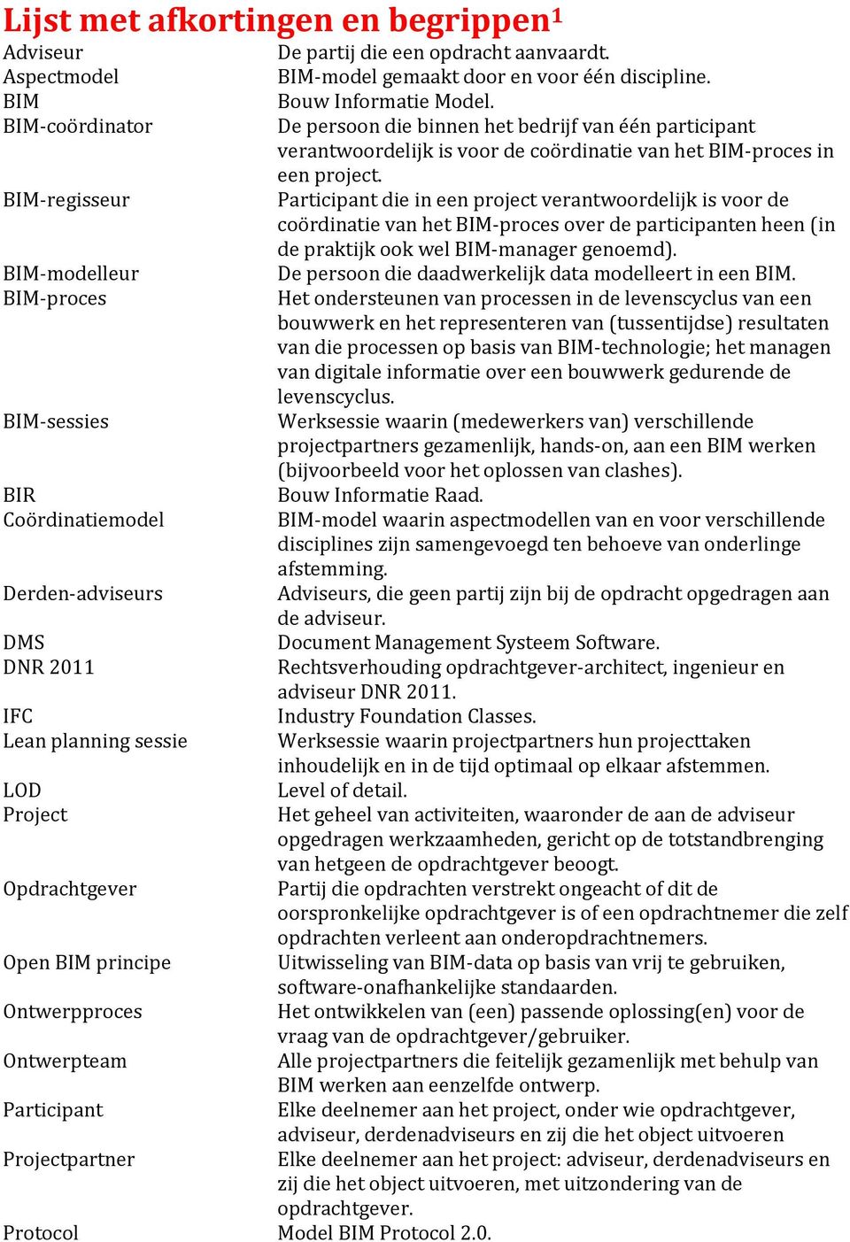 BIM-regisseur Participant die in een project verantwoordelijk is voor de coördinatie van het BIM-proces over de participanten heen (in de praktijk ook wel BIM-manager genoemd).