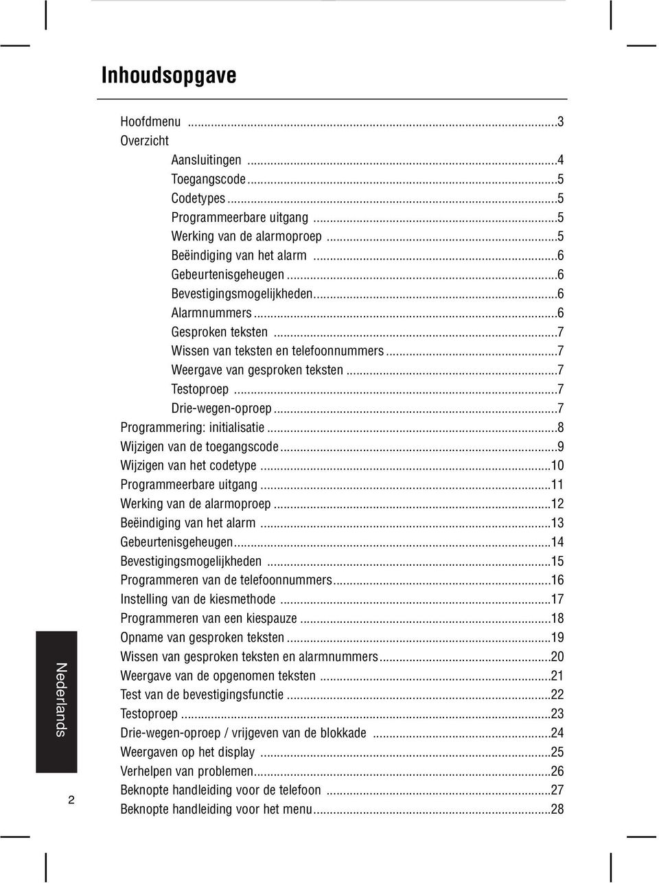 ..9 Wijzign van ht codtyp...10 Programmrbar uitgang...11 Wrking van d alarmoprop...12 ëindiging van ht alarm...13 Gburtnisghugn...14 vstigingsmoglijkhdn...15 Programmrn van d tlfoonnummrs.