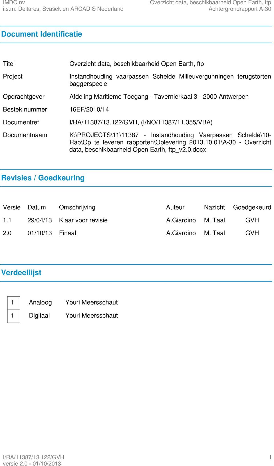 Instandhouding vaarpassen Schelde Milieuvergunningen terugstorten baggerspecie Afdeling Maritieme Toegang - Tavernierkaai 3-2000 Antwerpen 16EF/2010/14 I/RA/11387/13.122/GVH, (I/NO/11387/11.