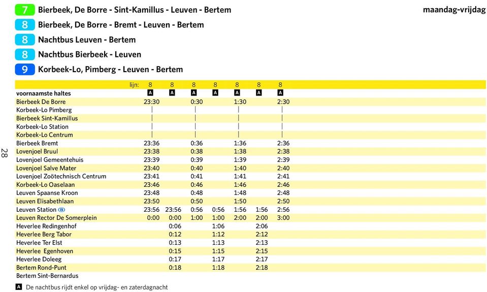 Lovenjoel Bruul 23:3 0:3 1:3 2:3 Lovenjoel Gemeentehuis 23:3 0:3 1:3 2:3 Lovenjoel Salve Mater 23:40 0:40 1:40 2:40 Lovenjoel Zoötechnisch Centrum 23:41 0:41 1:41 2:41 Korbeek-Lo Oaselaan 23:46 0:46