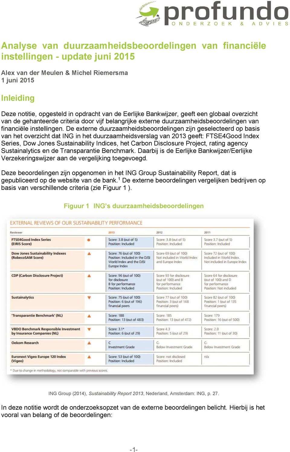 De externe duurzaamheidsbeoordelingen zijn geselecteerd op basis van het overzicht dat ING in het duurzaamheidsverslag van 2013 geeft: FTSE4Good Index Series, Dow Jones Sustainability Indices, het
