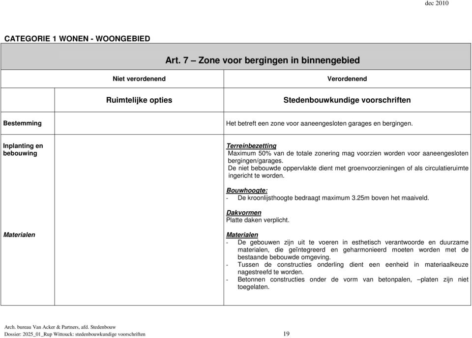 De niet bebouwde oppervlakte dient met groenvoorzieningen of als circulatieruimte ingericht te worden. Bouwhoogte: - De kroonlijsthoogte bedraagt maximum 3.25m boven het maaiveld.