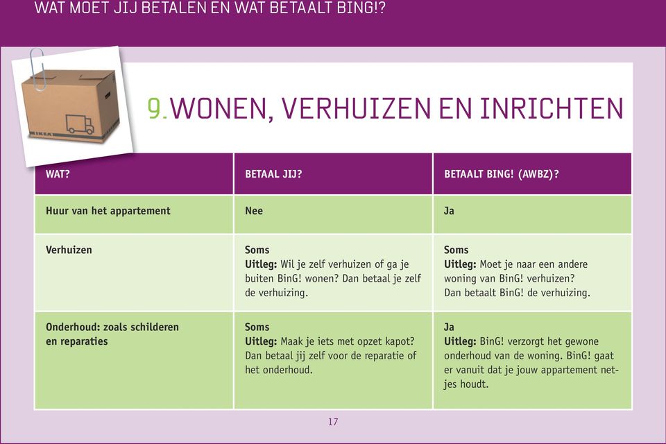 Dan betaal je zelf de verhuizing. Uitleg: Moet je naar een andere woning van BinG! verhuizen? Dan betaalt BinG! de verhuizing. Onderhoud: zoals schilderen en reparaties Uitleg: Maak je iets met opzet kapot?