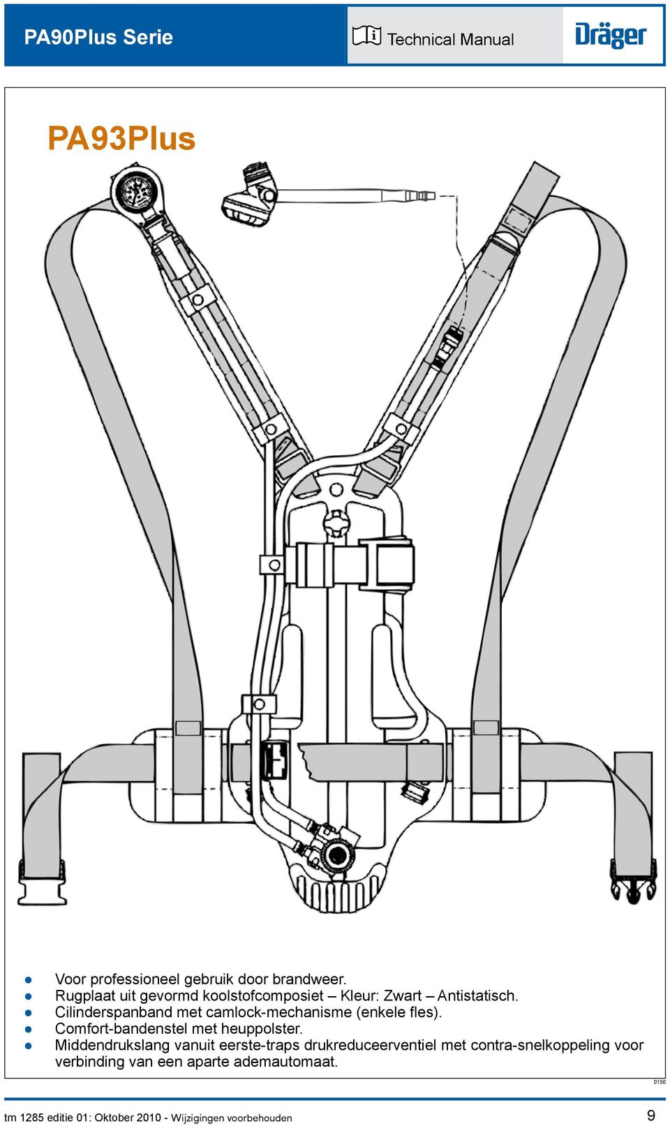 Clnderspanband met camlock-mechansme (enkele fles). Comfort-bandenstel met heuppolster.