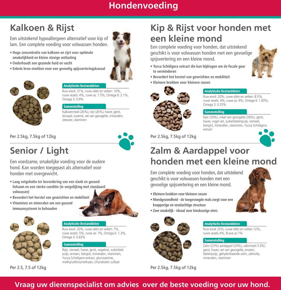 Senior / Light Ruw eiwit: 21%, ruwe oliën en vetten: 10%, ruwe vezels: 4%, ruwe as: 7.5%, Omega 6: 2.1%, Omega 3: 0.