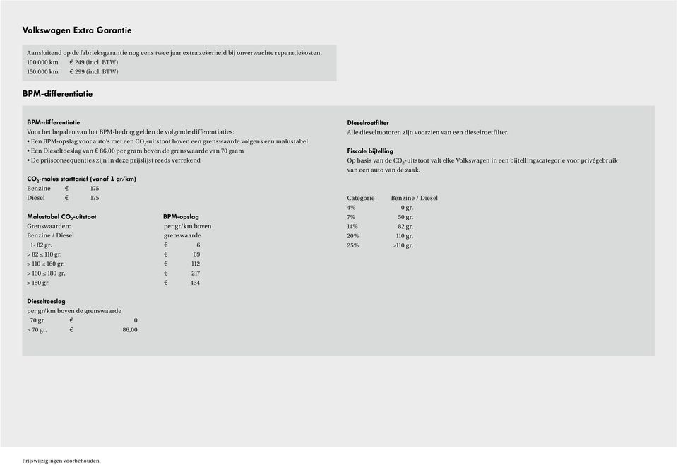 malustabel Een Dieseltoeslag van v 86,00 per gram boven de grenswaarde van 70 gram De prijsconsequenties zijn in deze prijslijst reeds verrekend CO 2 -malus starttarief (vanaf 1 gr/km) Benzine e 175