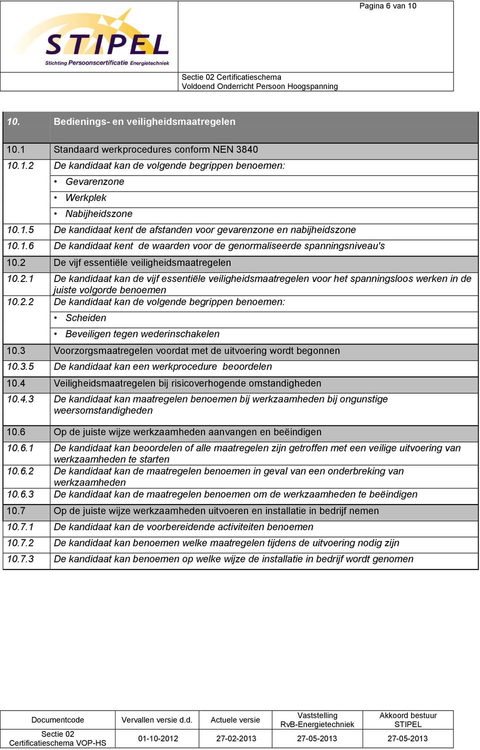 De vijf essentiële veiligheidsmaatregelen 10.2.1 De kandidaat kan de vijf essentiële veiligheidsmaatregelen voor het spanningsloos werken in de juiste volgorde benoemen 10.2.2 De kandidaat kan de volgende begrippen benoemen: Scheiden Beveiligen tegen wederinschakelen 10.