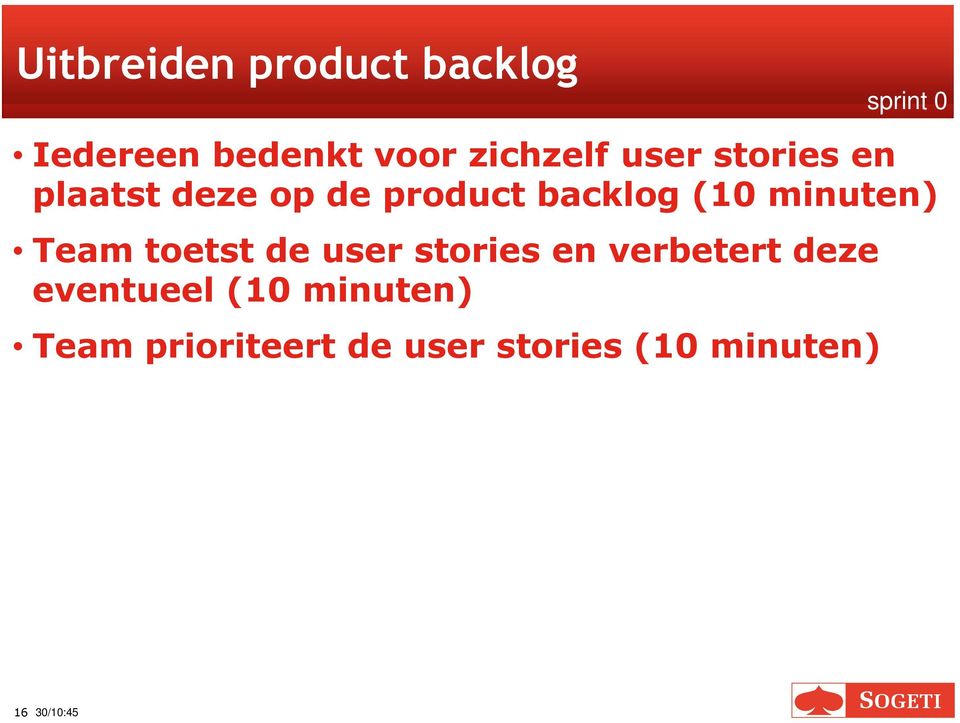 minuten) Team toetst de user stories en verbetert deze eventueel