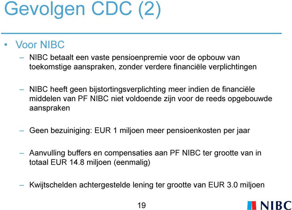 zijn voor de reeds opgebouwde aanspraken Geen bezuiniging: EUR 1 miljoen meer pensioenkosten per jaar Aanvulling buffers en