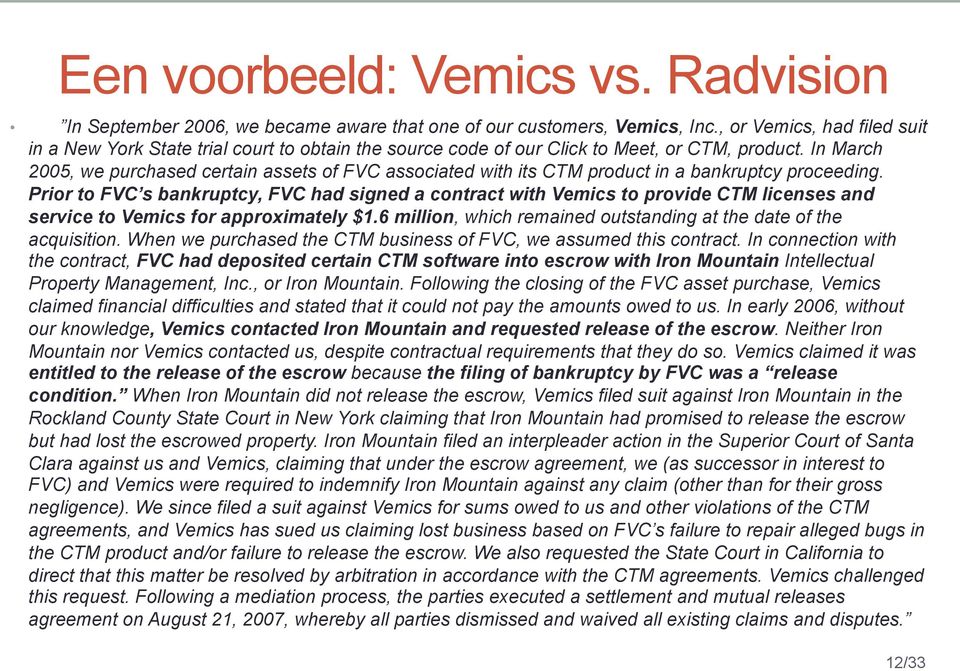 In March 2005, we purchased certain assets of FVC associated with its CTM product in a bankruptcy proceeding.