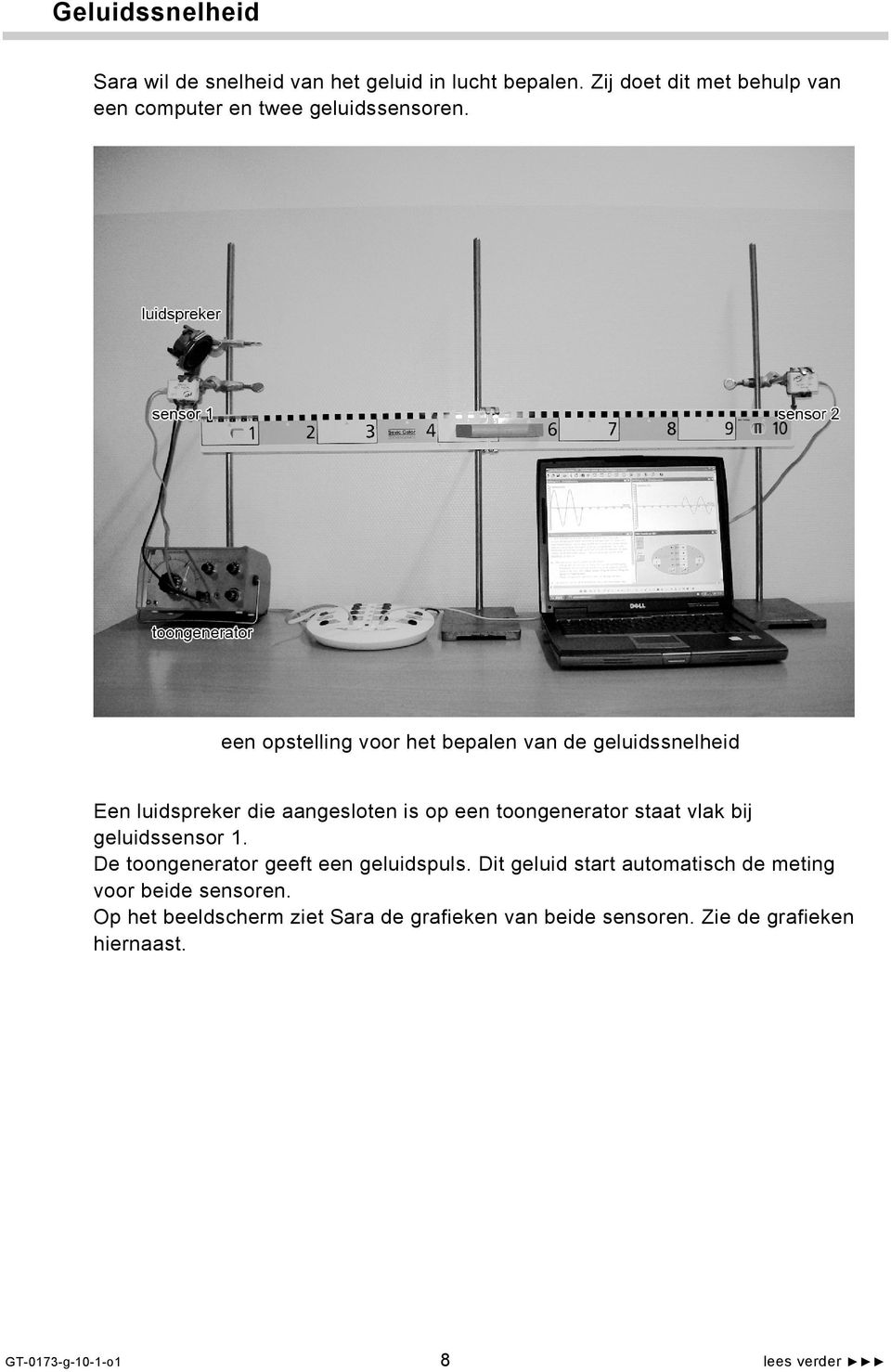 een opstelling voor het bepalen van de geluidssnelheid Een luidspreker die aangesloten is op een toongenerator staat vlak