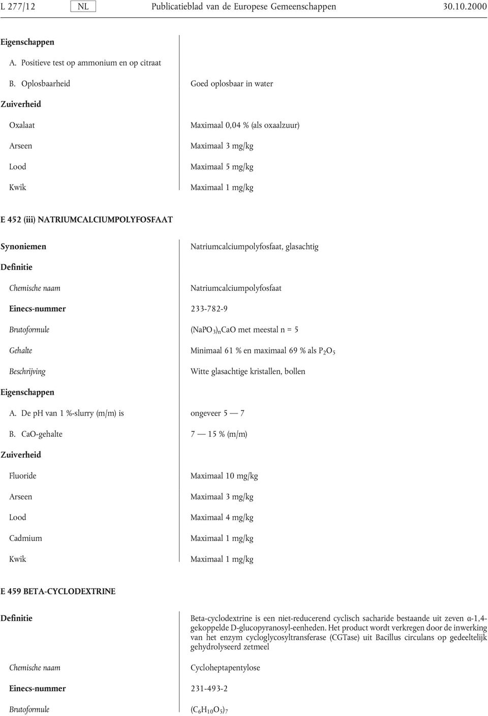 233-782-9 (NaPO 3 ) n CaO met meestal n = 5 Minimaal 61 % en maximaal 69 % als P 2 O 5 Witte glasachtige kristallen, bollen A. De ph van 1 %-slurry (m/m) is ongeveer 5 7 B.