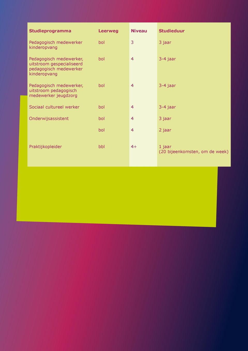 pedagogisch medewerker jeugdzorg bol 3 3 jaar bol 4 3-4 jaar bol 4 3-4 jaar Sociaal cultureel werker bol