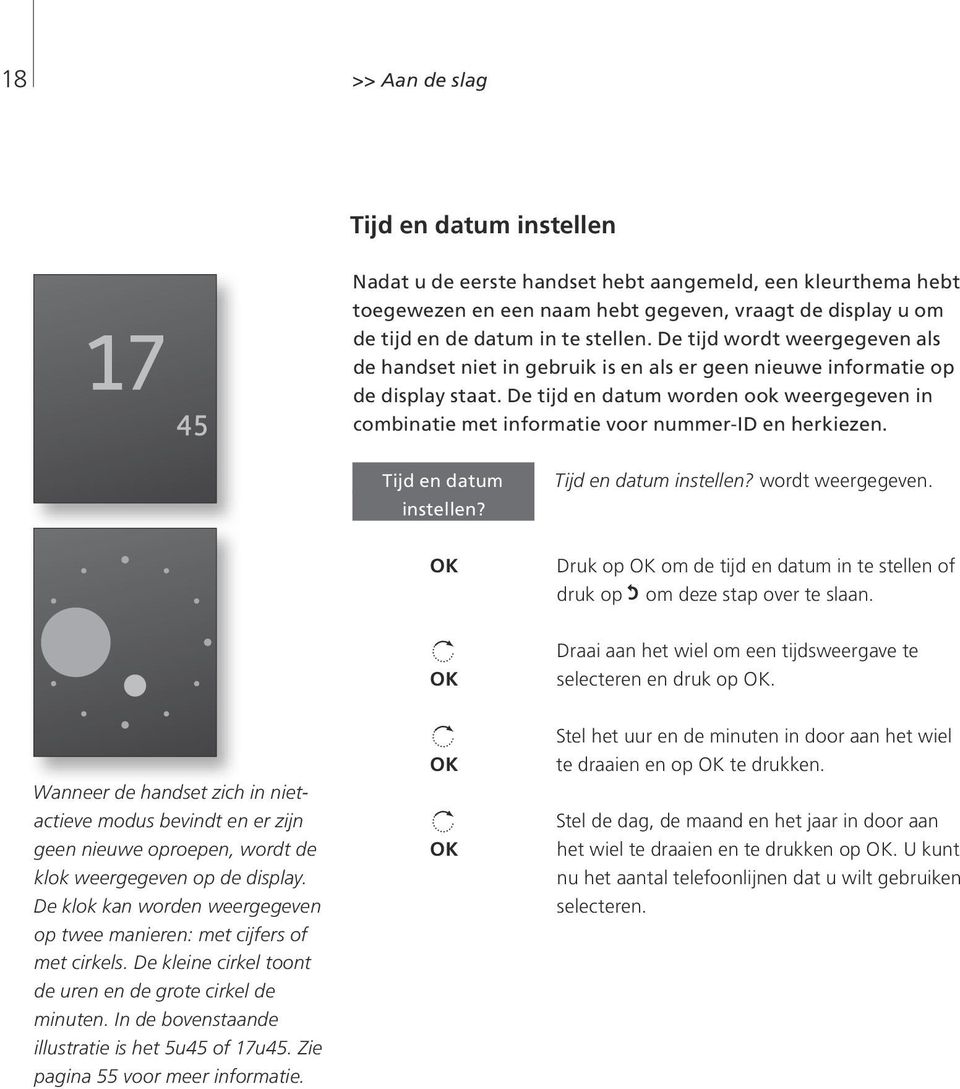 De tijd en datum worden ook weergegeven in combinatie met informatie voor nummer-id en herkiezen. Tijd en datum instellen? Tijd en datum instellen? wordt weergegeven.