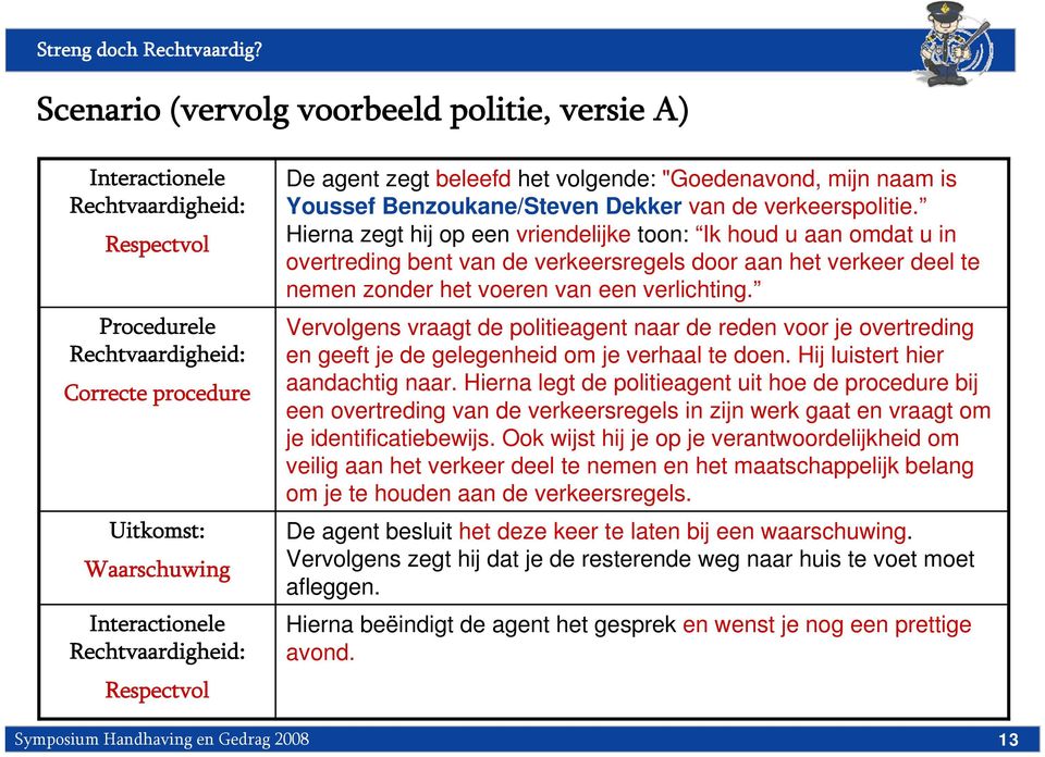 Hierna zegt hij op een vriendelijke toon: Ik houd u aan omdat u in overtreding bent van de verkeersregels door aan het verkeer deel te nemen zonder het voeren van een verlichting.