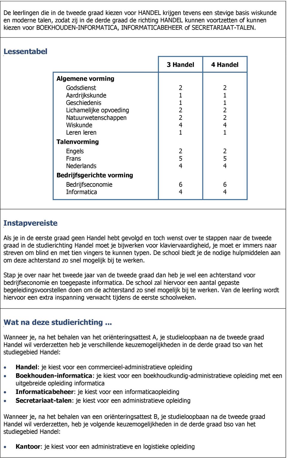 Lessentabel Handel Handel Algemene vorming Godsdienst Aardrijkskunde Geschiedenis Lichamelijke opvoeding Natuurwetenschappen Wiskunde Leren leren Talenvorming Engels Frans Nederlands Bedrijfsgerichte