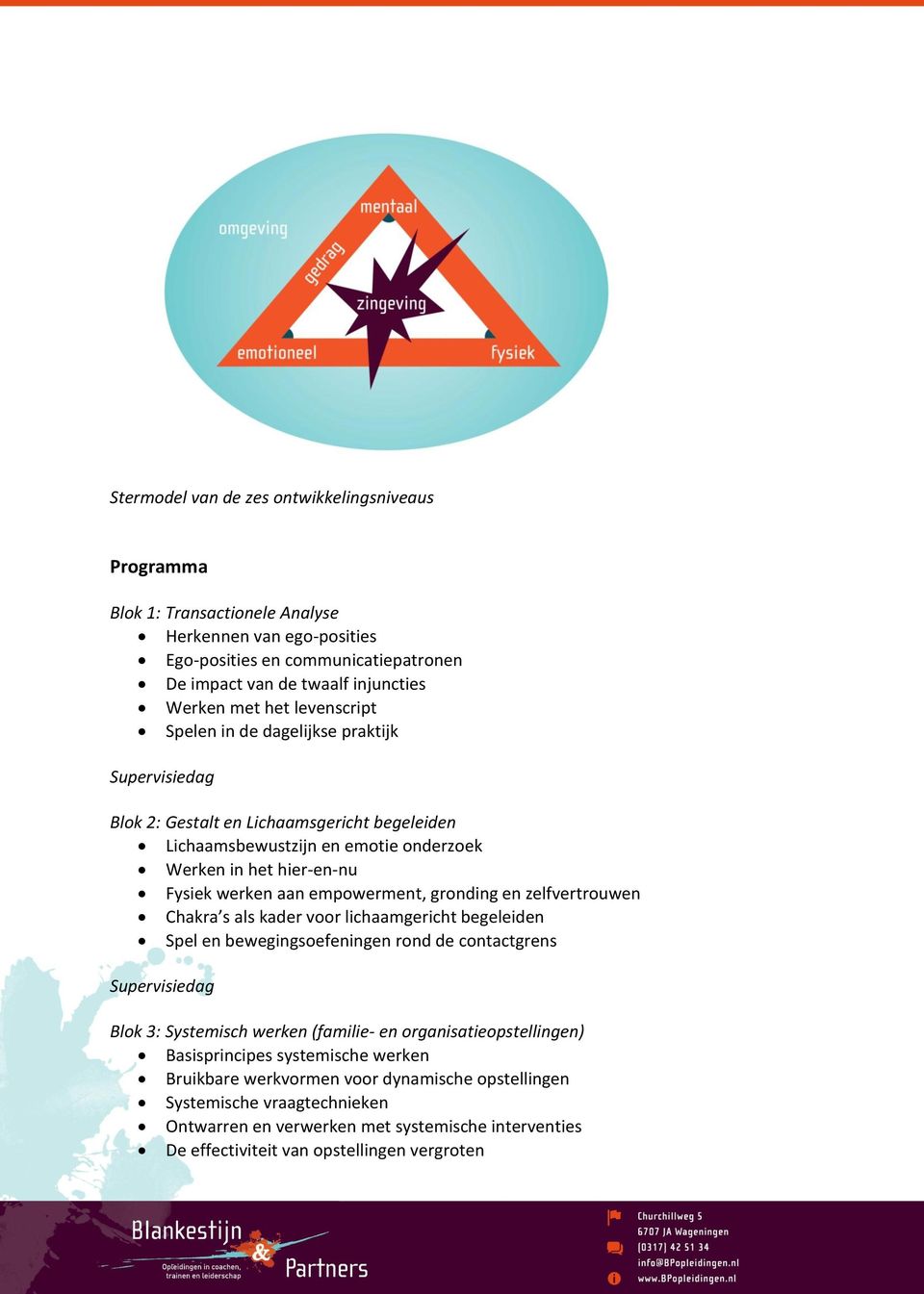 gronding en zelfvertrouwen Chakra s als kader voor lichaamgericht begeleiden Spel en bewegingsoefeningen rond de contactgrens Supervisiedag Blok 3: Systemisch werken (familie- en