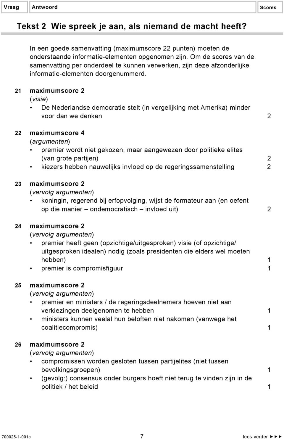 21 maximumscore 2 (visie) De Nederlandse democratie stelt (in vergelijking met Amerika) minder voor dan we denken 2 22 maximumscore 4 (argumenten) premier wordt niet gekozen, maar aangewezen door