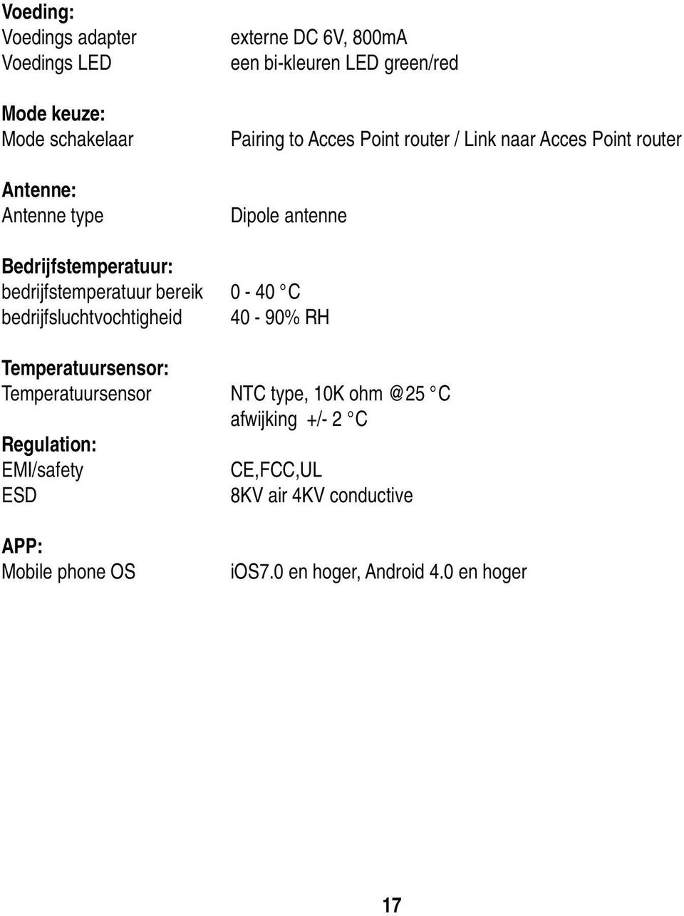 bedrijfstemperatuur bereik 0-40 C bedrijfsluchtvochtigheid 40-90% RH Temperatuursensor: Temperatuursensor NTC type, 10K ohm