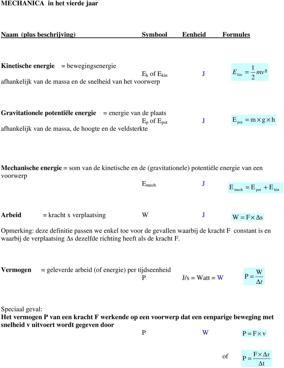 voorwer mech mech ot + kin Arbeid kracht x verlaatsing s Omerking: deze definitie assen we enkel toe voor de gevallen waarbij de kracht constant is en waarbij de verlaatsing s dezelfde richting heeft
