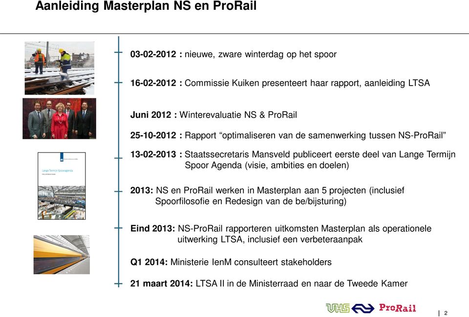 ambities en doelen) 2013: NS en ProRail werken in Masterplan aan 5 projecten (inclusief Spoorfilosofie en Redesign van de be/bijsturing) Eind 2013: NS-ProRail rapporteren uitkomsten