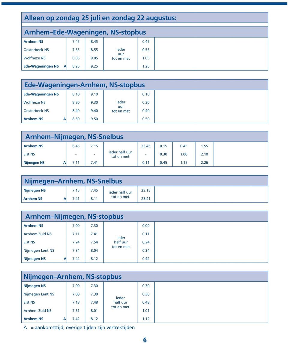 50 Arnhem Nijmegen, NS-Snelbus Arnhem NS. 6.45 7.15 23.45 0.15 0.45 1.55 Elst NS - - - 0.30 1.00 2.10 Nijmegen NS A 7.11 7.41 0.11 0.45 1.15 2.26 Nijmegen Arnhem, NS-Snelbus Nijmegen NS 7.15 7.45 23.