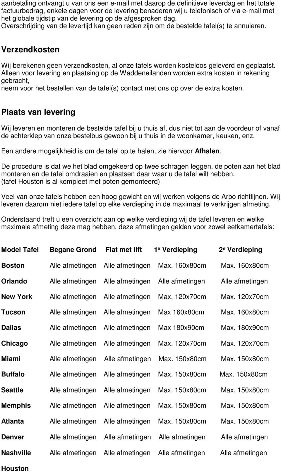 Verzendkosten Wij berekenen geen verzendkosten, al onze tafels worden kosteloos geleverd en geplaatst.