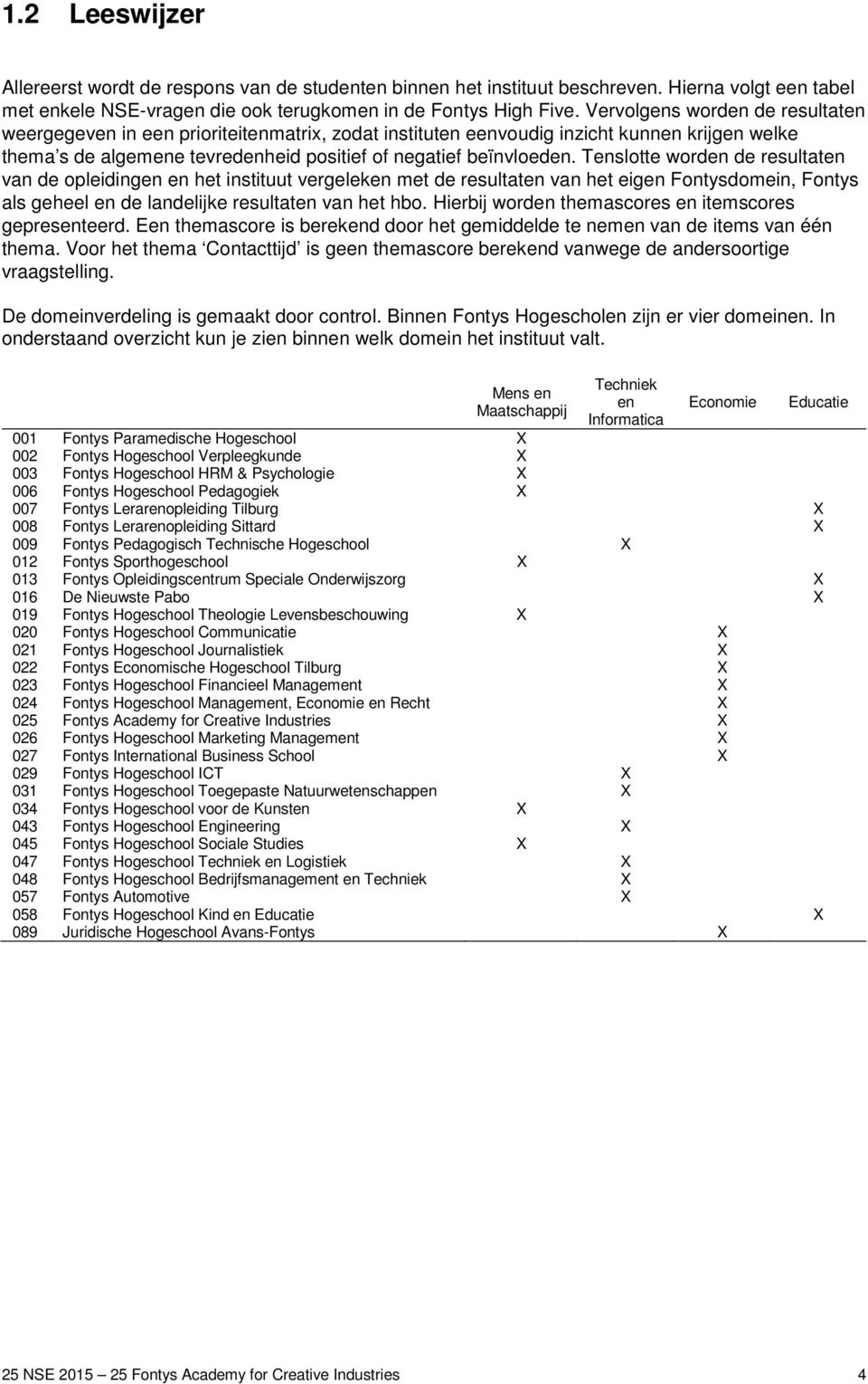 Tenslotte worden de resultaten van de opleidingen en het instituut vergeleken met de resultaten van het eigen Fontysdomein, Fontys als geheel en de landelijke resultaten van het hbo.