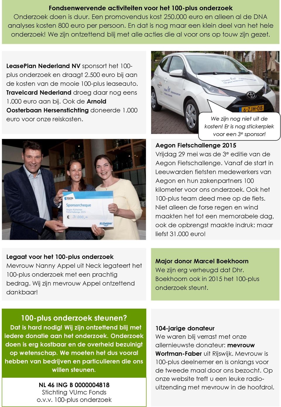 LeasePlan Nederland NV sponsort het 100- plus onderzoek en draagt 2.500 euro bij aan de kosten van de mooie 100-plus leaseauto. Travelcard Nederland droeg daar nog eens 1.000 euro aan bij.