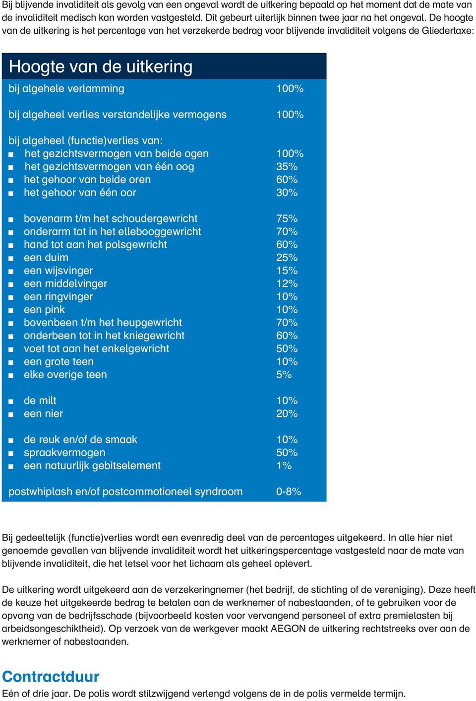 De hoogte van de uitkering is het percentage van het verzekerde bedrag voor blijvende invaliditeit volgens de Gliedertaxe: Hoogte van de uitkering bij algehele verlamming bij algeheel verlies