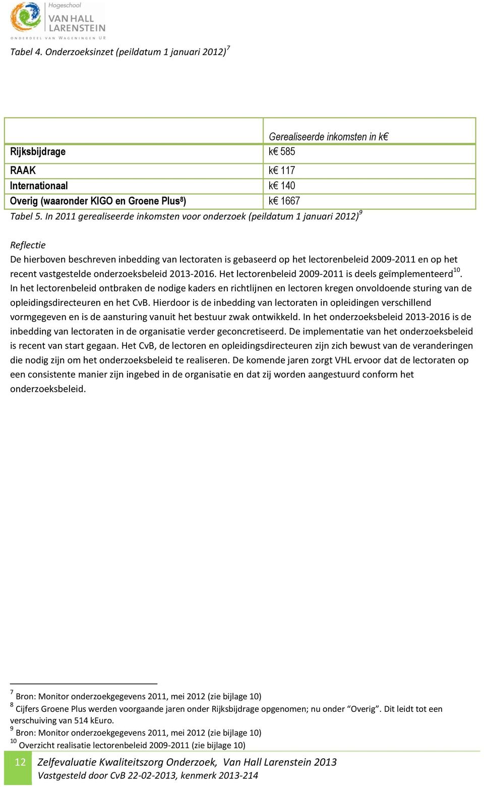 vastgestelde onderzoeksbeleid 2013-2016. Het lectorenbeleid 2009-2011 is deels geïmplementeerd 10.