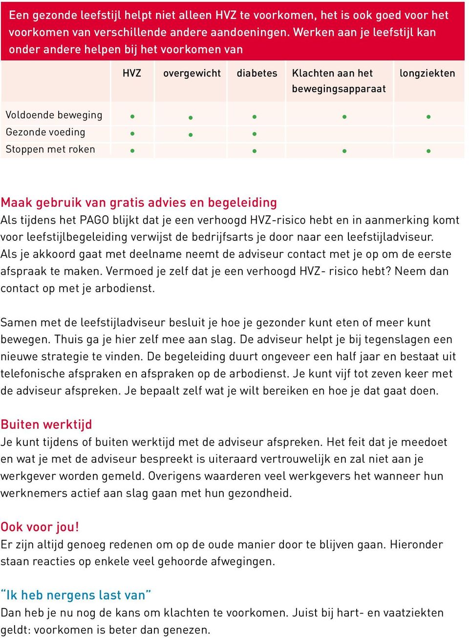 gebruik van gratis advies en begeleiding Als tijdens het PAGO blijkt dat je een verhoogd HVZ-risico hebt en in aanmerking komt voor leefstijlbegeleiding verwijst de bedrijfsarts je door naar een