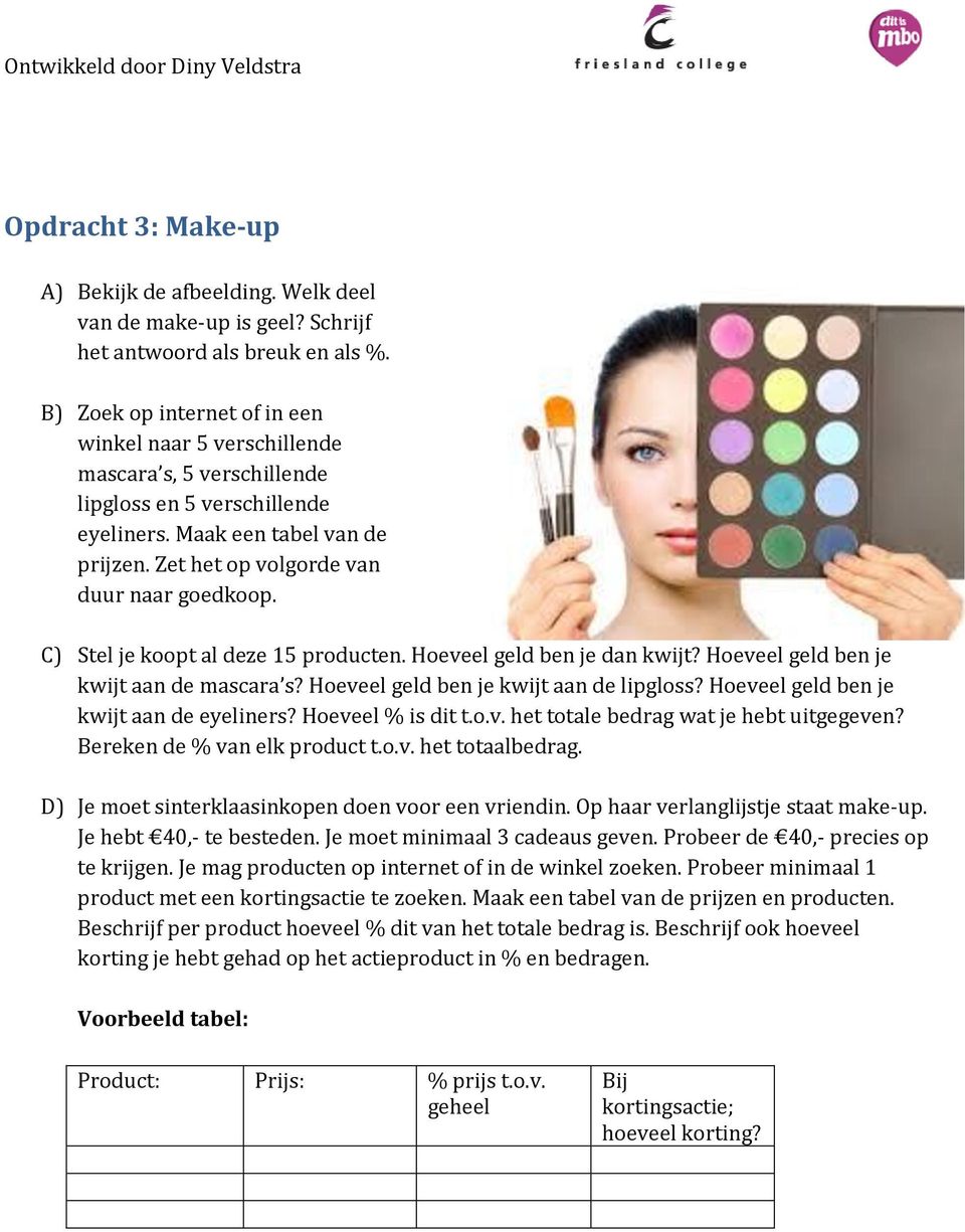 C) Stel je kpt al deze 15 prducten. Heveel geld ben je dan kwijt? Heveel geld ben je kwijt aan de mascara s? Heveel geld ben je kwijt aan de lipglss? Heveel geld ben je kwijt aan de eyeliners?