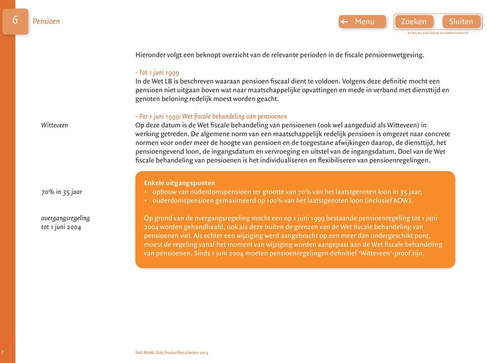 Witteveen - Per 1 juni 1999: Wet fiscale behandeling van pensioenen Op deze datum is de Wet fiscale behandeling van pensioenen (ook wel aangeduid als Witteveen) in werking getreden.