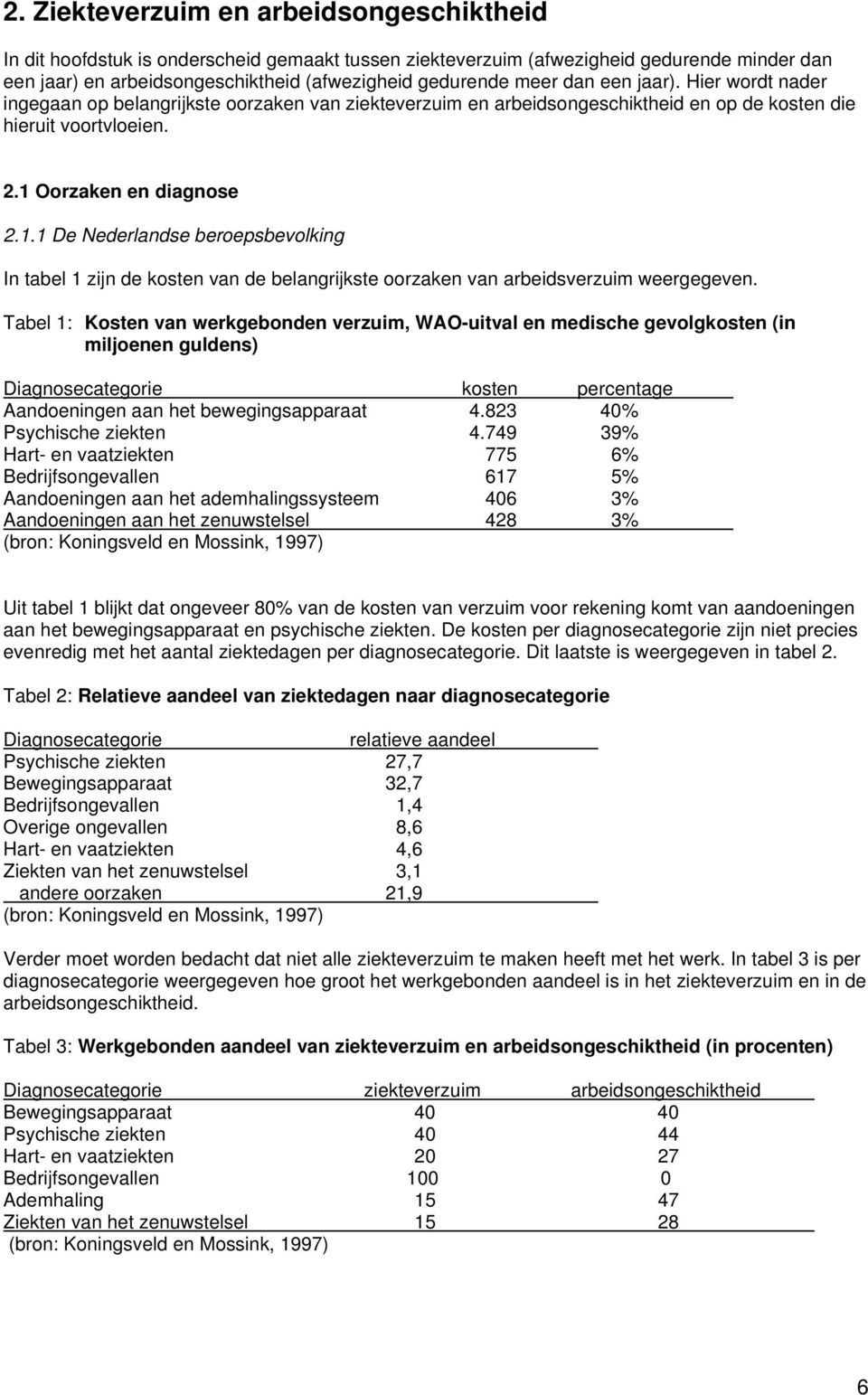 Oorzaken en diagnose 2.1.1 De Nederlandse beroepsbevolking In tabel 1 zijn de kosten van de belangrijkste oorzaken van arbeidsverzuim weergegeven.