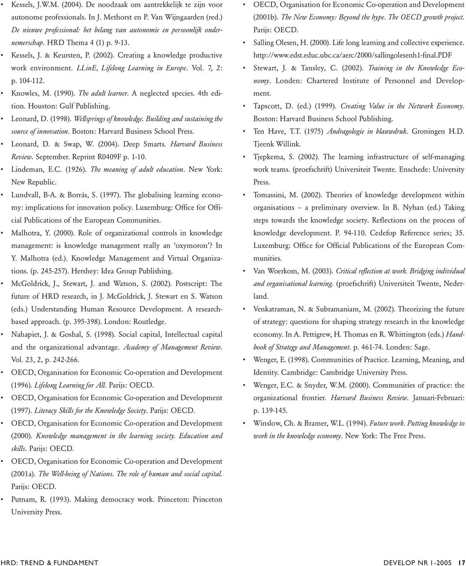 LLinE, Lifelong Learning in Europe. Vol. 7, 2: p. 104-112. Knowles, M. (1990). The adult learner. A neglected species. 4th edition. Houston: Gulf Publishing. Leonard, D. (1998).