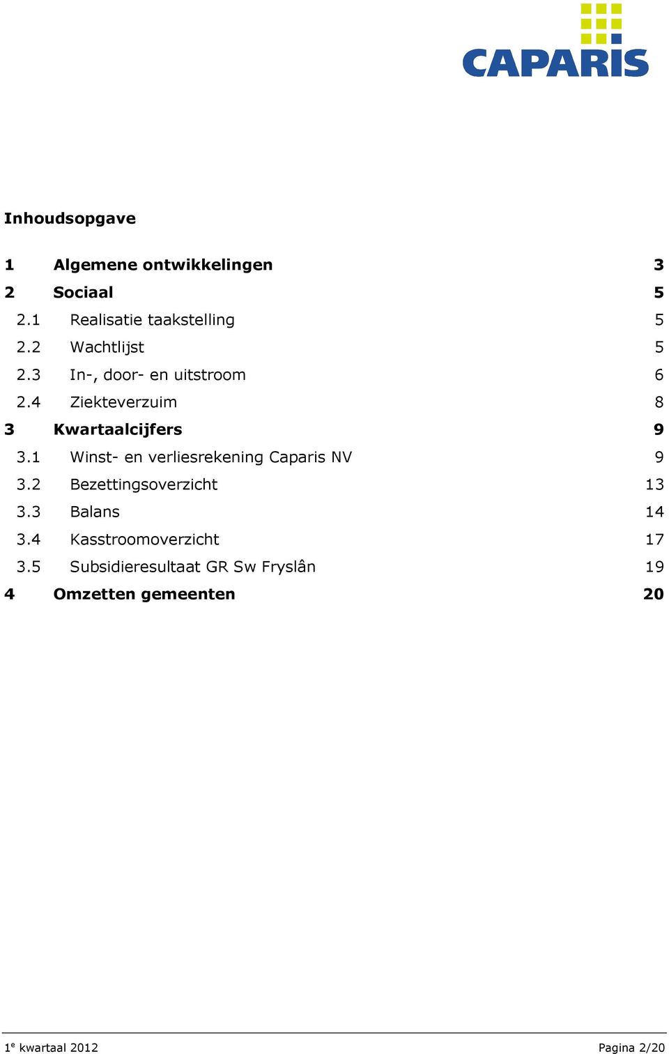 1 Winst- en verliesrekening Caparis NV 9 3.2 Bezettingsoverzicht 13 3.3 Balans 14 3.