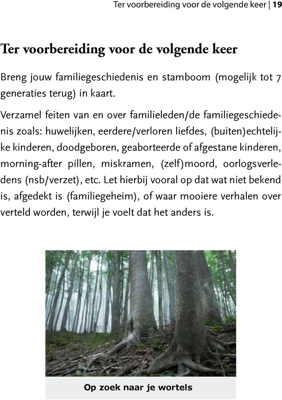 Verzamel feiten van en over familieleden/de familiegeschiedenis zoals: huwelijken, eerdere/verloren liefdes, (buiten)echtelijke kinderen, doodgeboren,