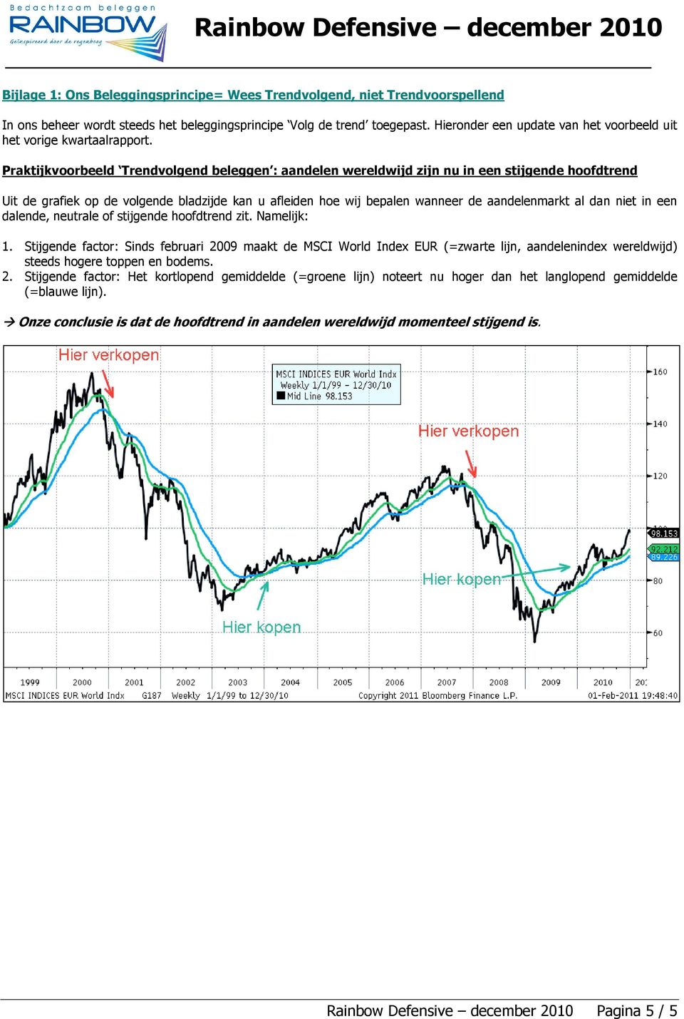 Praktijkvoorbeeld Trendvolgend beleggen : aandelen wereldwijd zijn nu in een stijgende hoofdtrend Uit de grafiek op de volgende bladzijde kan u afleiden hoe wij bepalen wanneer de aandelenmarkt al