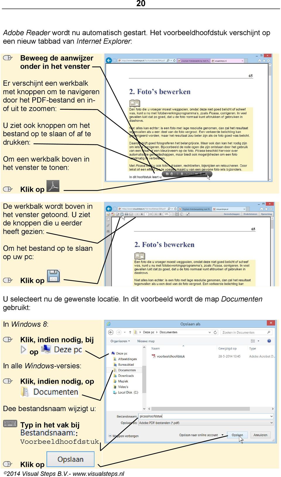 PDF-bestand en inof uit te zoomen: U ziet ook knoppen om het bestand op te slaan of af te drukken: Om een werkbalk boven in het venster te tonen: De werkbalk wordt boven in het venster