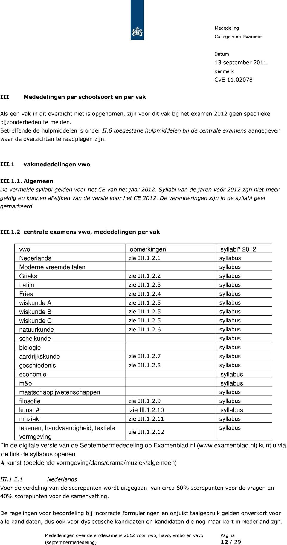 vakmededelingen vwo III.1.1. Algemeen De vermelde syllabi gelden voor het CE van het jaar 2012. Syllabi van de jaren vóór 2012 zijn niet meer geldig en kunnen afwijken van de versie voor het CE 2012.