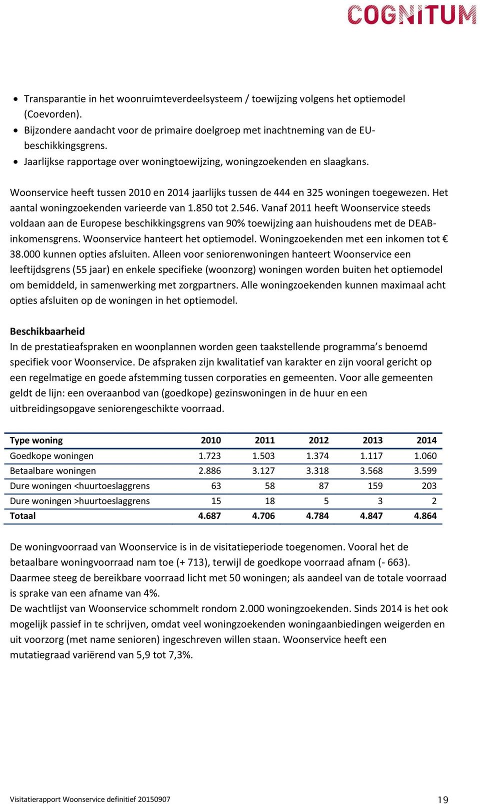 Het aantal woningzoekenden varieerde van 1.850 tot 2.546. Vanaf 2011 heeft Woonservice steeds voldaan aan de Europese beschikkingsgrens van 90% toewijzing aan huishoudens met de DEABinkomensgrens.
